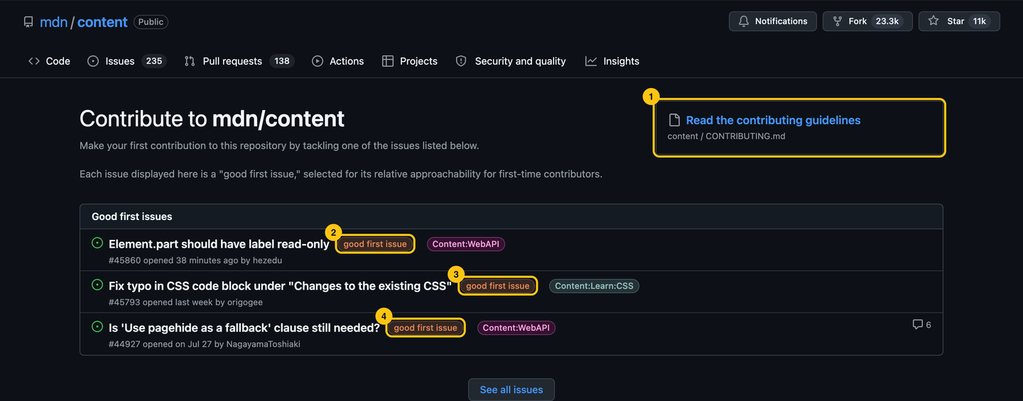 GitHub's Contribute page for mdn/content: a link to the contributing guidelines and three issues labeled good first issue.