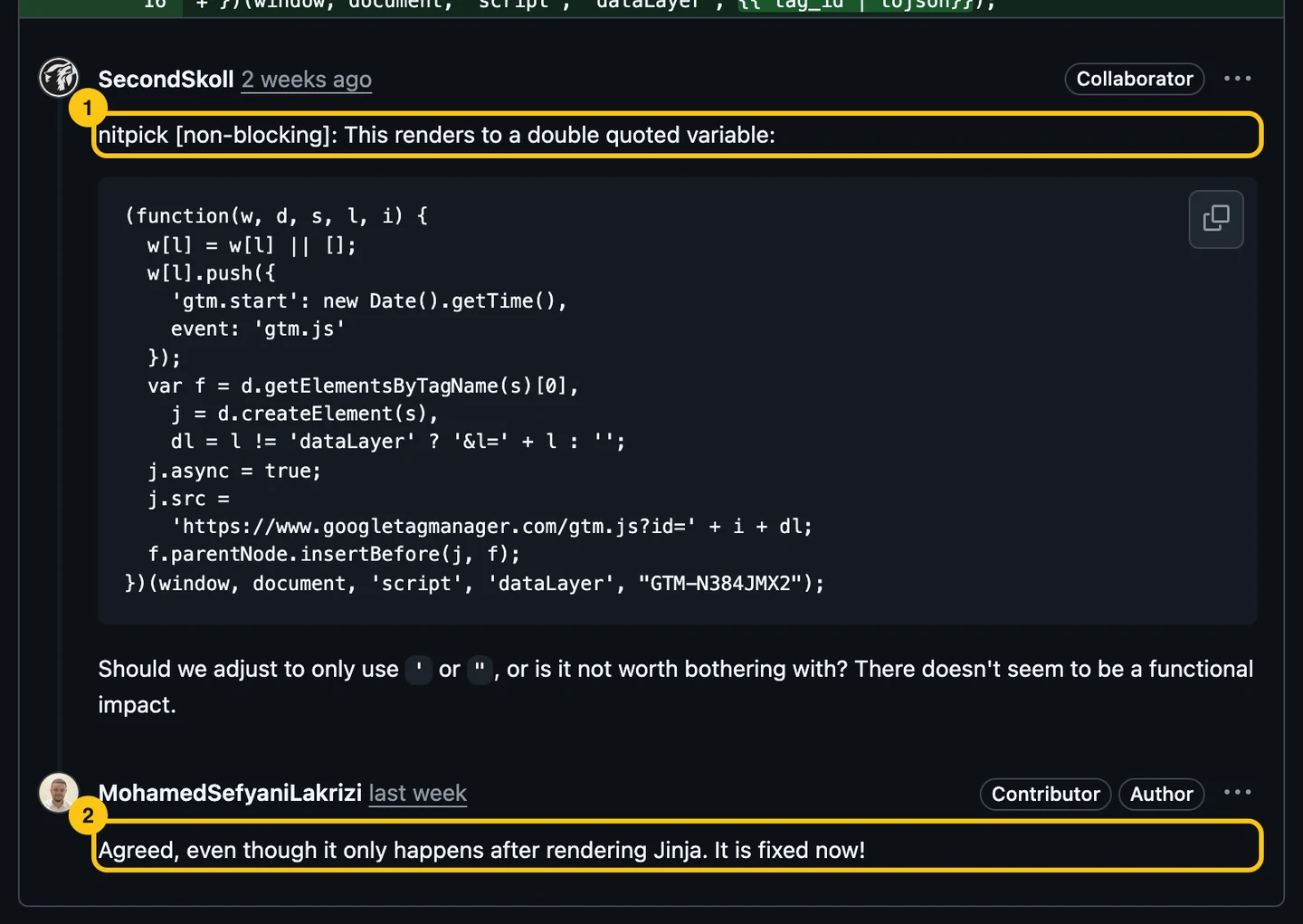 A review comment labeled nitpick non-blocking about a double-quoted variable, and the author's reply: agreed, it's fixed now.
