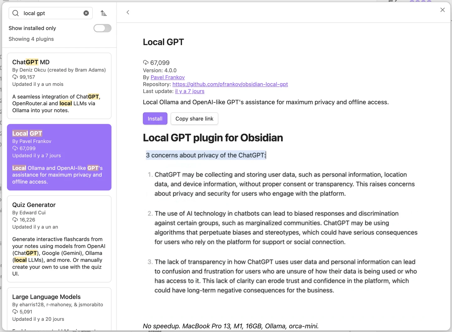 Obsidian’s community plugin browser: a search for “local gpt”, with Local GPT by Pavel Frankov selected.